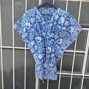 Cotton Floral Kaftan: Indian Block Print Short Dress, Plus Size Beach Coverup