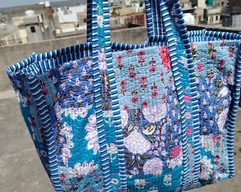 Handmade Cotton Quilted Tote Bag: Printed Ethnic Market Bag