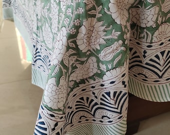 Sage Green Floral Tablecloth: Hand Block Printed Cotton Boho Table Cover