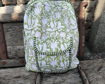 Cotton Quilted Green Patchwork Backpack: Bohemian Laptop Bag