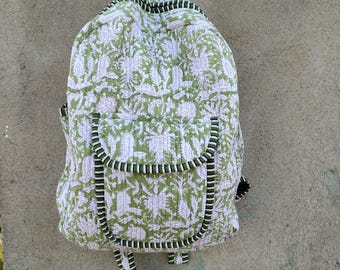 Cotton Quilted Green Patchwork Backpack: Bohemian Laptop Bag