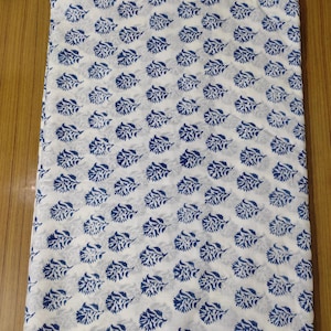 Indian Blue Floral Block Print Cotton Fabric by Yard – Handprinted Indian Fabric for Sewing, Quilting, Dressmaking, Summer Crafts