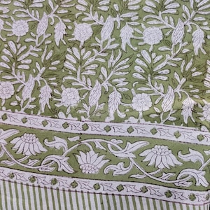 Hand Block Printed Cotton Tablecloth: Light Green Floral Design