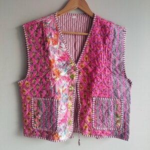 Quilted Cotton Vest, Reversible Tie-Front Indian Block Print