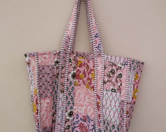Handmade Quilted Cotton Tote Bag: Ethnic Boho Shopper