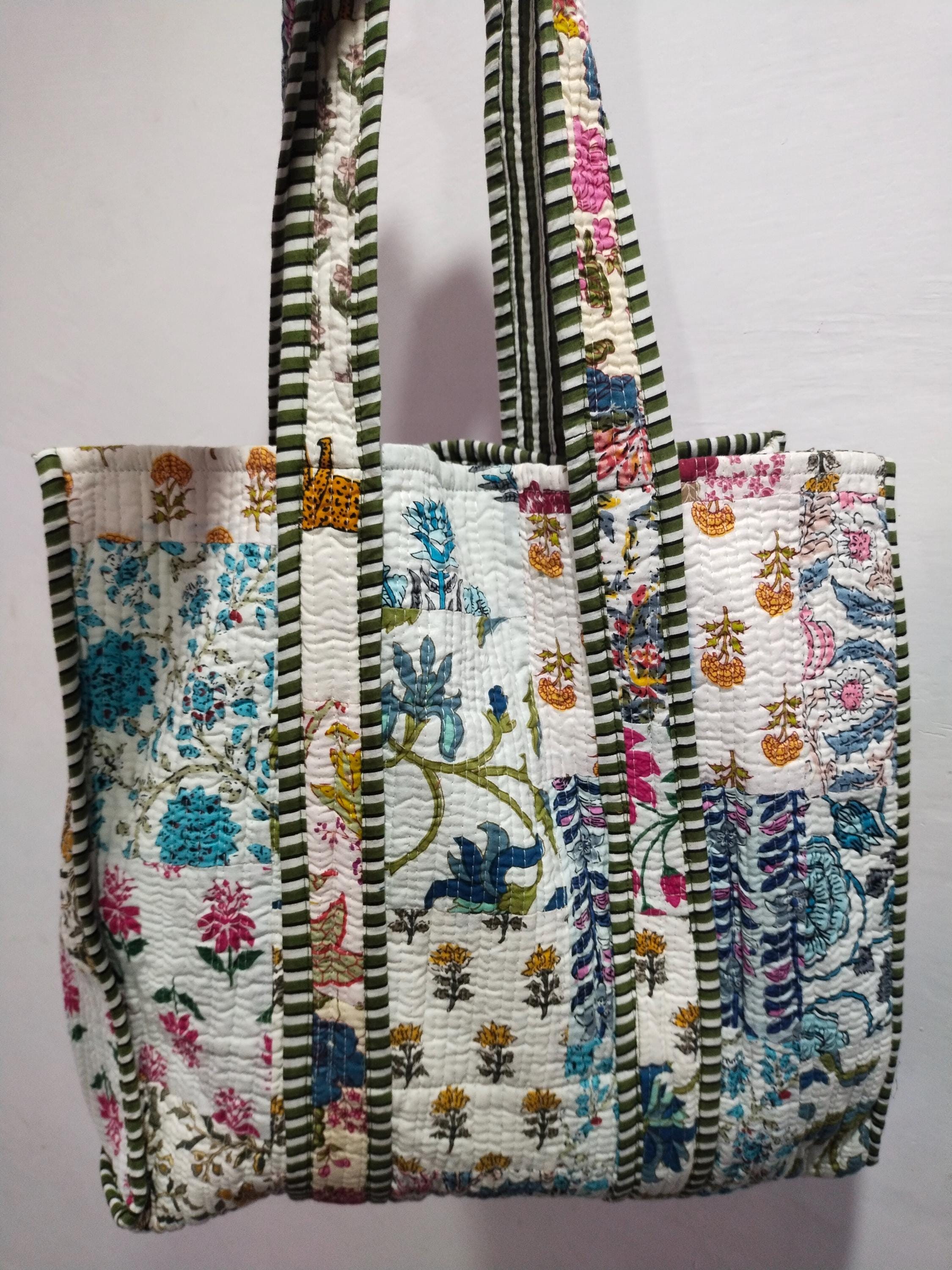 Handmade Patchwork Quilted Cotton Tote Bag: Elegant Travel Shopping Bag