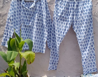 Handmade Cotton Block Print Pajama Set: Indian Nightwear