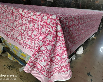 Vintage Pink Floral Tablecloth: Hand Block Print Indian Cotton