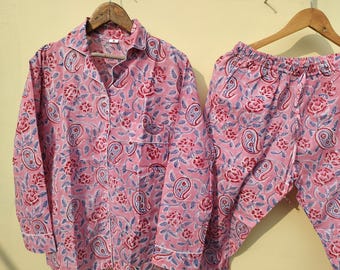 Pijama de algodón hecho a mano con estampado de bloques: ropa de dormir india