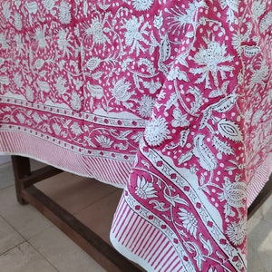 Hand Block Print Cotton Tablecloth: Pink Floral Table Linen
