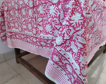 Mantel de algodón rosa con estampado floral hecho a mano / Cubremesa de comedor indio hecho a mano / Mantelería