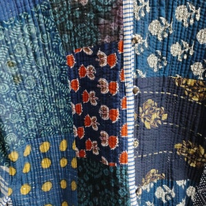 Indian Handmade Vintage Quilted Jacket , Coats ,New Style, Boho, Cotton Jacket Short Blue Leaf Black Stripe Piping image 4