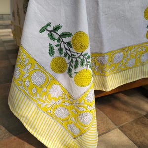 Vintage Floral Cotton Tablecloth: Lemon Print Hand Block Boho Table Cover
