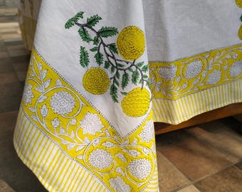 Vintage Hand Block Printed Cotton Tablecloth, Floral Design, Washable (60x90 inches)