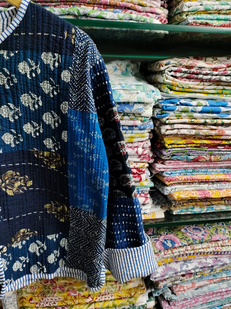 Indian Handmade Vintage Quilted Jacket , Coats ,New Style, Boho, Cotton Jacket Short Blue Leaf Black Stripe Piping image 3