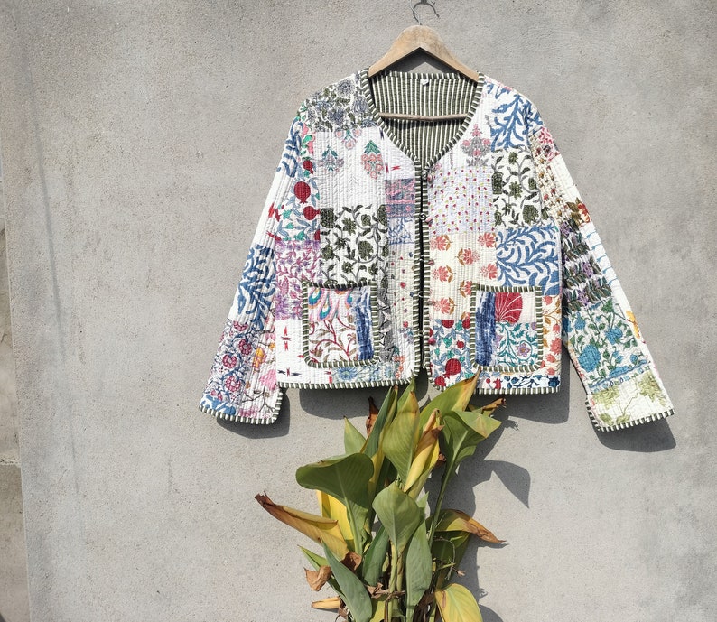 Indische Handarbeit Patchwork Vintage Steppjacke Mäntel, New Style, Boho, Baumwolljacke Kurz Weiß Blatt Schwarz Streifen Paspol Bild 4