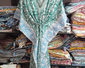 Handbedrukte katoenen kaftanjurk - Boho strandjurk