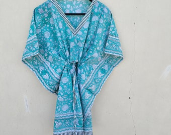 Caftán de algodón con estampado índigo hecho a mano: una prenda playera bohemia