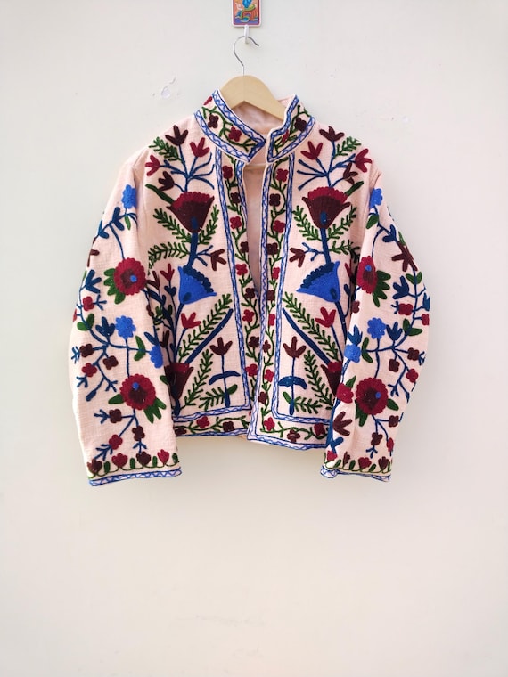 Handmade Cotton Suzani Embroidery Jacket: Indian Floral Coat
