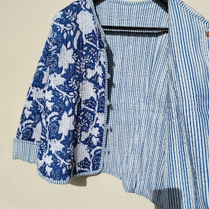 Indian Handmade Vintage Quilted Jacket , Coats ,New Style, Boho, Cotton Jacket Short Blue Leaf Stripe Piping