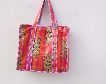 Tiger Print Cotton Tote Bag Eco Friendly Sustainable Sturdy Grocery Shopping Tote Bag Handmade Boho Bag Quilted Tote Bag Market Bag