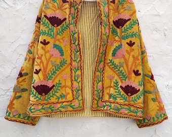 Handcrafted Camel Velvet Suzani Embroidered Jacket – Floral Artisan Boho Jacket | Luxury statement outerwear