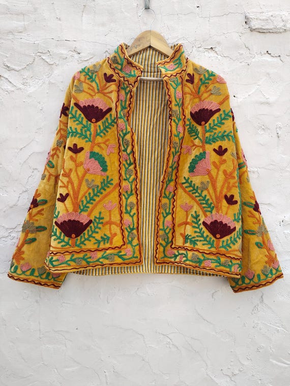 Handmade Suzani Embroidered Velvet Jacket: Boho Kimono Coat