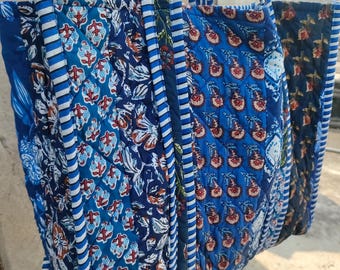 Handmade Block Printed Cotton Tote: Quilted Shoulder Bag