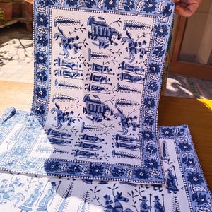 Set di 6 tovagliette con stampa a blocchi - Tovagliette Boho - Tovagliette in tela di cotone - Tovagliette con stampa a blocchi - Tovagliette con stampa floreale per matrimonio - Blu e bianco