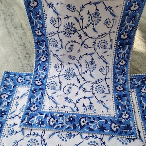 Set di 6 tovagliette con stampa a blocchi - Tovagliette Boho - Tovagliette in tela di cotone - Tovagliette con stampa a blocchi - Tovagliette con stampa floreale per matrimonio - Blu e bianco