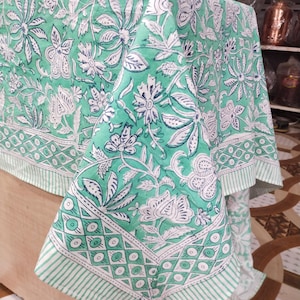 Hand Block Printed Cotton Tablecloth: Green Floral Dining Table Cover
