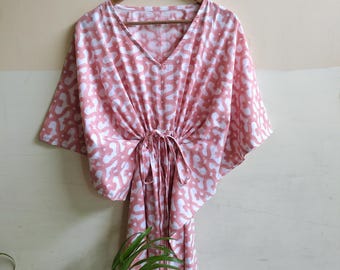 Handbedrukte katoenen kaftanjurk - Boho strandjurk
