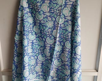 Hand Block Print Cotton Sarong: Light Blue Floral Beach Cover-Up