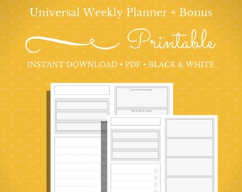 Simple • Universal • Minimalist • Weekly • Planner • Bonus • Printable • Download • PDF • A4 • US Letter • Black & White