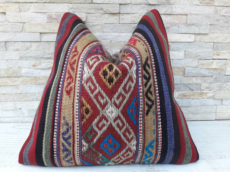 Handwoven Pillow Cushion Cover Vintage Kilim Pillow Kilim Cushion Bohemian Pillow 40x40cm Kilim Pillow 16x16inch Pastel Kilim Pillow