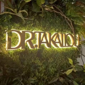 May include: A three-dimensional sign featuring the text DR.TAKAIOU in bold, gold-toned capital letters. The sign is backlit with a warm glow and is mounted against a dense, textured wall covered in various shades of green artificial foliage.