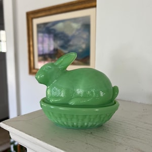 Vintage green glass bunny box with basket weave base and removable lid