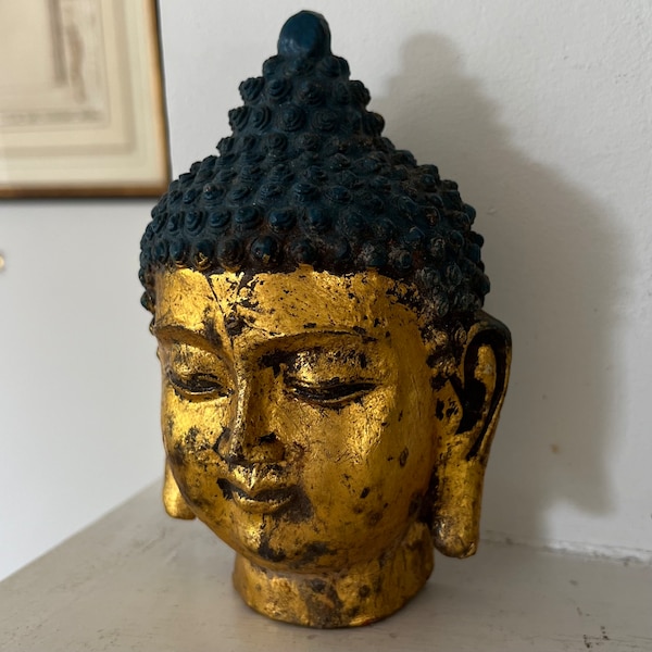 Vintage metal Buddha head with gilt gold face and blue-ish hair