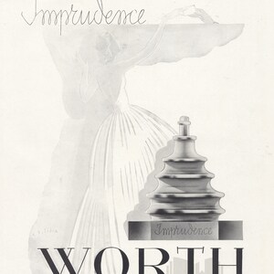 May include: A black and white illustration of a woman in a flowing dress holding a bottle of perfume. The bottle is labeled "Imprudence" and the brand name "WORTH" is printed below. The text "OLD BUT GOLD CRAFTS" is also printed below the brand name.