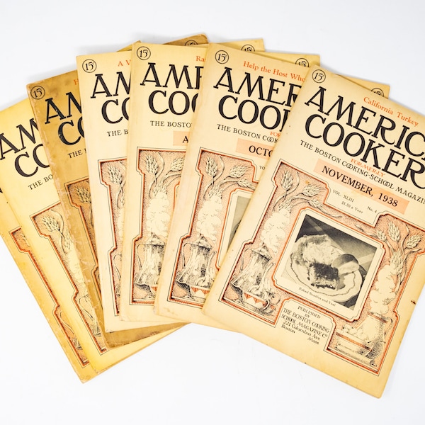 Selection of antique American Cookery magazine, lifestyle and recipes, c. 1938, The Boston Cooking School magazine