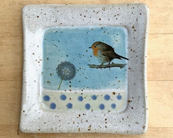 square plate with robins and dandelions