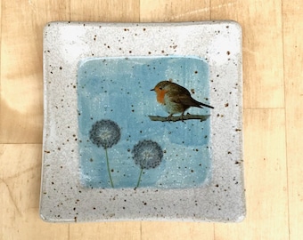 square plate with robins and dandelions