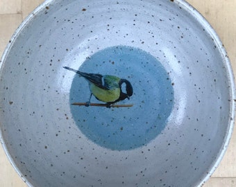 small bowl with a great tit, hand-made pottery