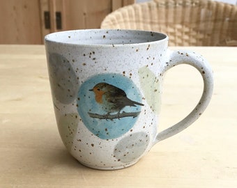Coffee mug, tea mug with robin, blue tit, bullfinch
