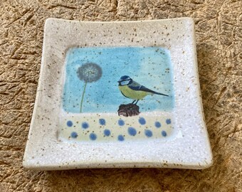 Square plate with blue tit and dandelion, made of pottery
