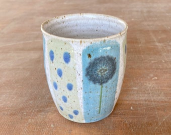 Coffee mug, tea mug without handle, hand-made with dandelions, approx. 200ml