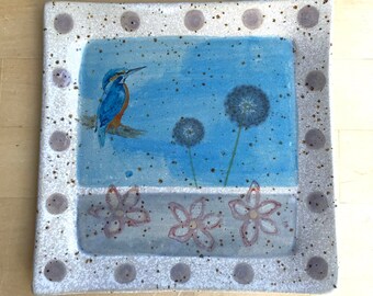 Breakfast board/plate with kingfisher and dandelions