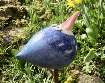 Blue bird garden stake, pottery, frost-proof