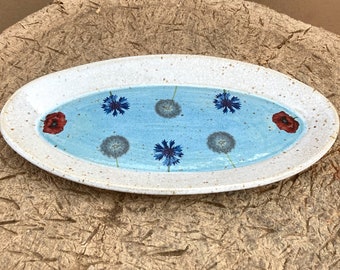 Serving plate/small tray with cornflowers, poppies, dandelions, pottery, handmade