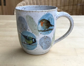 large mug with robin, great tit, goldfinch, sparrow, bullfinch-pottery